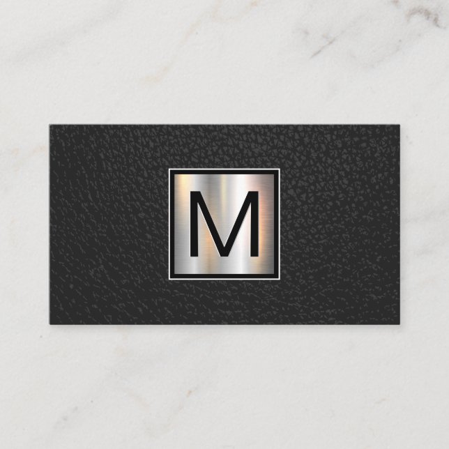 Monogram Chrome Metallic Banner | Leather Black Business Card (Front)
