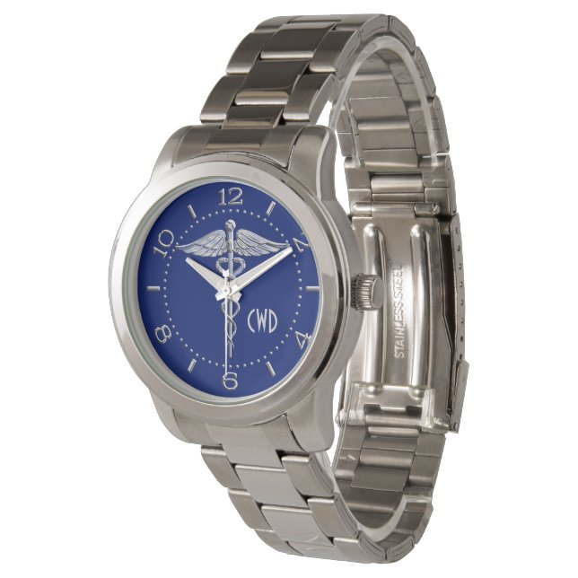 Monogram Chrome Style Medical Symbol on Navy Blue Watch (Angled)