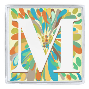 Monogram Chrysanthemum Bold Colorful Floral Silver Finish Lapel Pin