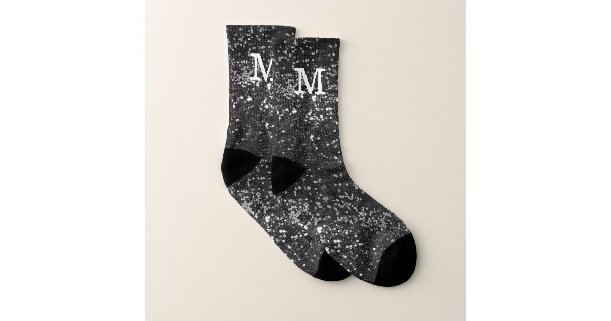 Monogram Chunky Glitter Sequin Black Socks | Zazzle