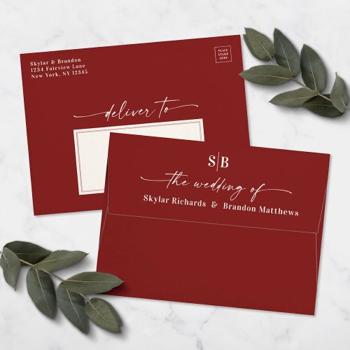 Monogram Cinnamon Red A7 5x7 Wedding Invitation Envelope