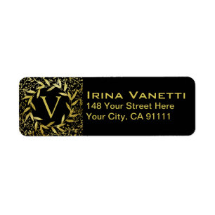 Monogram Circle of Leaves Wreath Gold Glitter Label