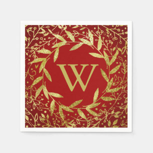 Monogram Circle of Leaves Wreath Gold Glitter Napkins