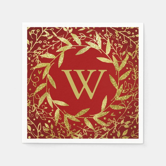 Monogram Circle of Leaves Wreath Gold Glitter Napkins (Front)
