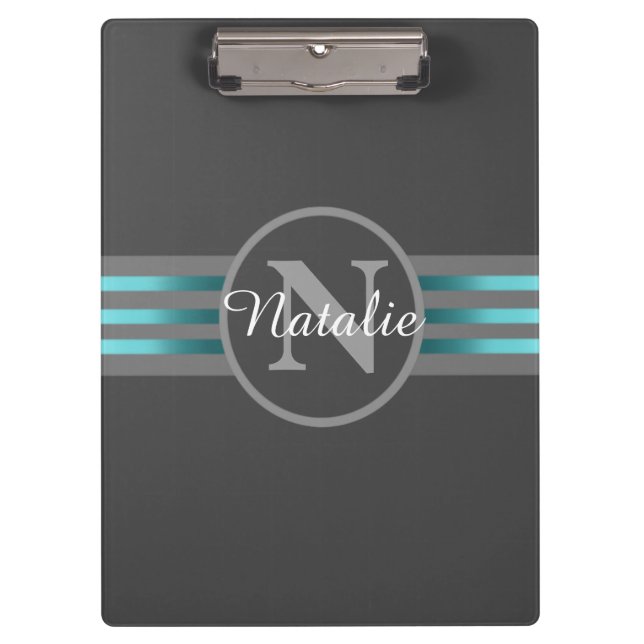 Monogram Circle Silhouette Black and Gray Stripes Clipboard (Front)