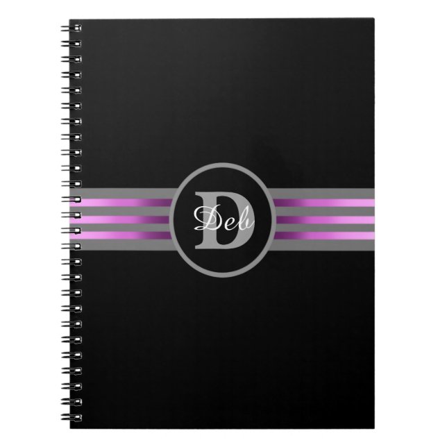 Monogram Circle Silhouette Black and Gray Stripes Notebook (Front)