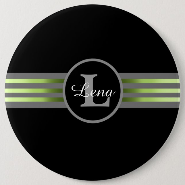 Monogram Circle Silhouette Black and Gray Stripes Pinback Button (Front)