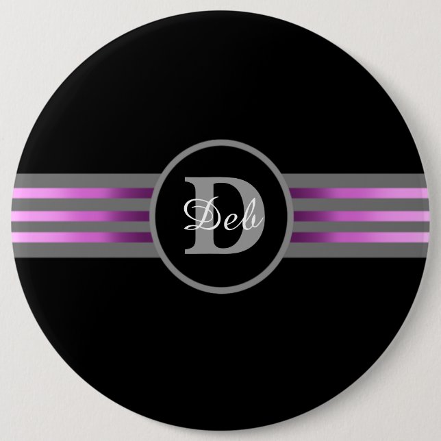 Monogram Circle Silhouette Black and Gray Stripes Pinback Button (Front)