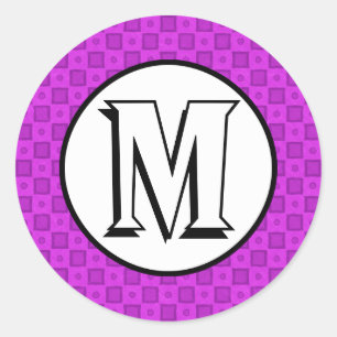 Monogram circles and squares on a purple pattern classic round sticker