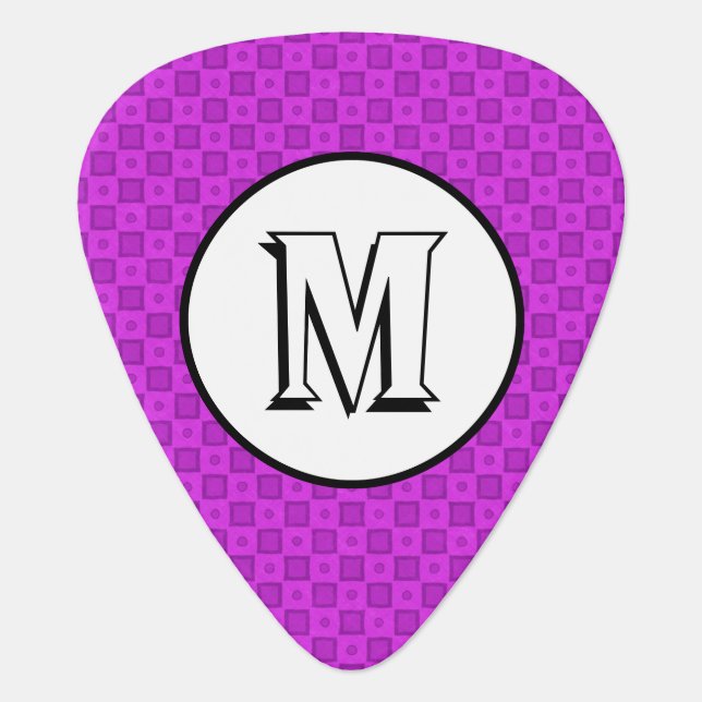 Monogram circles and squares on a purple pattern guitar pick (Front)