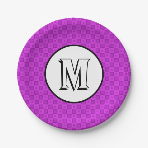 Monogram circles and squares on a purple pattern paper plates