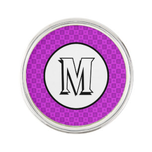 Monogram circles and squares on a purple pattern pin