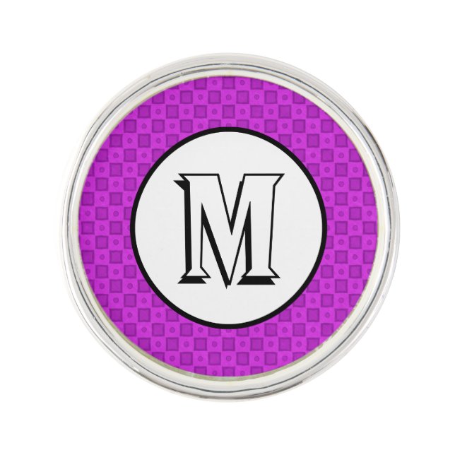 Monogram circles and squares on a purple pattern pin (Front)