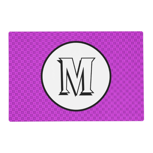Monogram circles and squares on a purple pattern placemat (Front)