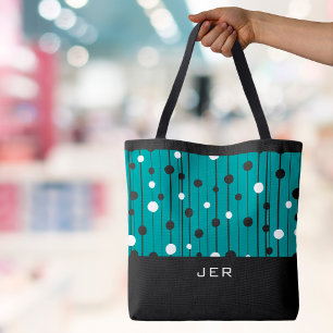 Monogram Circles Lines Black White Teal Tote Bag