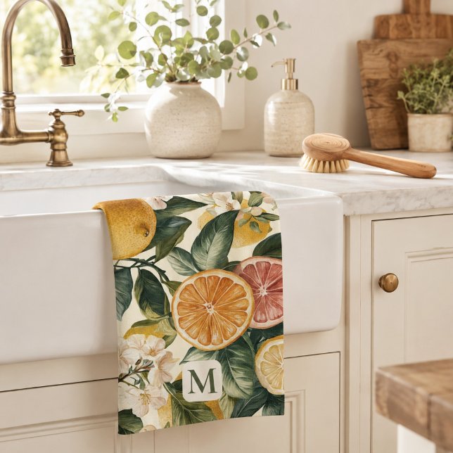 Monogram Citrus Bloom Pattern Housewarming Gift  Kitchen Towel (Creator Uploaded)
