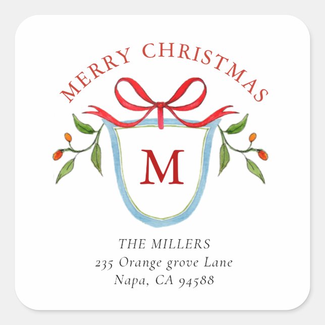 Monogram Citrus Crest with address Square Sticker (Front)