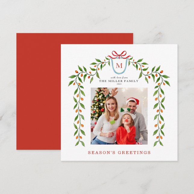 Monogram Citrus Garland Holiday photo Announcement (Front/Back)