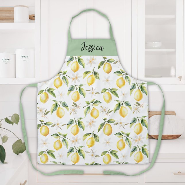 Monogram Citrus Lemon Fruit Botanical Pattern Apron (In situ)