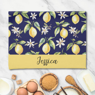 Monogram Citrus Lemon Fruit Botanical Pattern Kitchen Towel