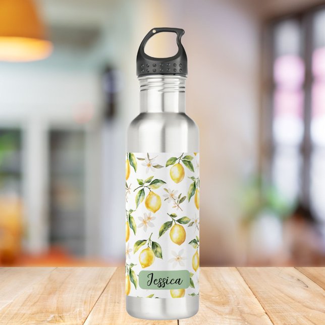 Monogram Citrus Lemon Fruit Botanical Pattern Stainless Steel Water Bottle (In situ)