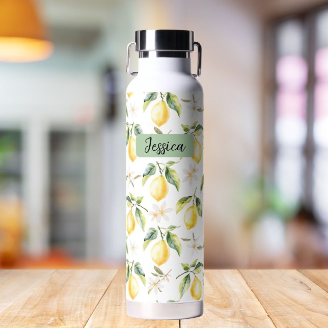 Monogram Citrus Lemon Fruit Botanical Pattern Water Bottle (In situ)