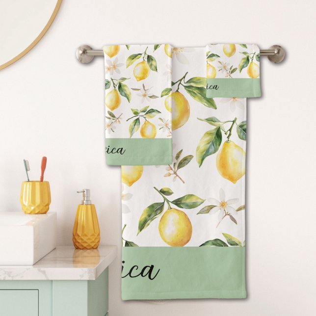 Monogram Citrus Lemon Fruit White Flower Botanical Bath Towel Set (In situ)