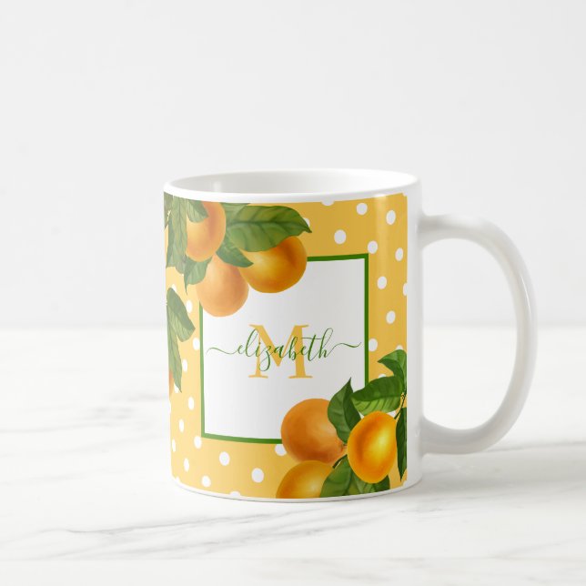 Monogram citrus oranges watercolor dots rustic coffee mug (Right)