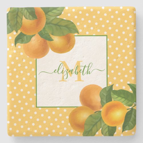 Monogram citrus oranges watercolor dots rustic stone coaster