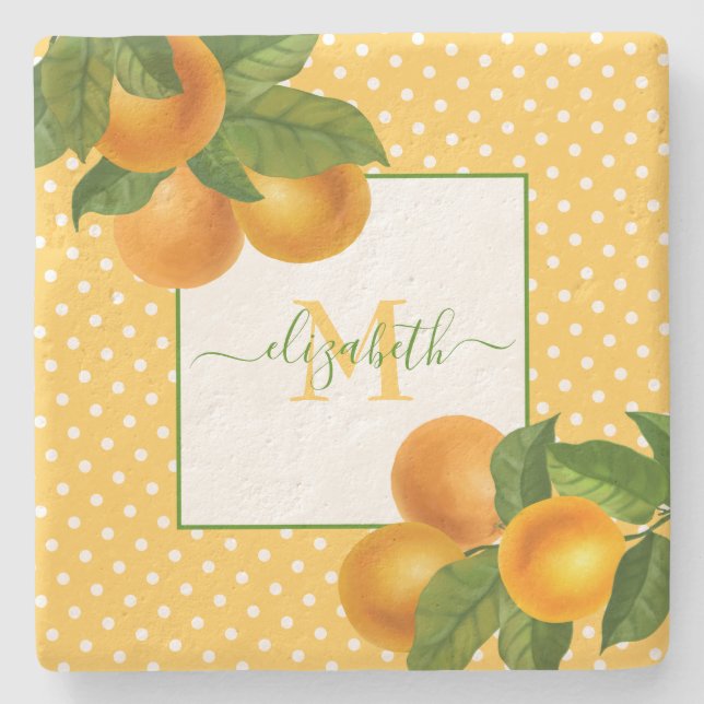 Monogram citrus oranges watercolor dots rustic stone coaster (Front)