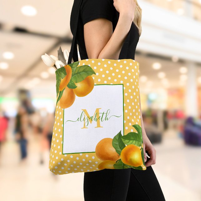 Monogram citrus oranges watercolor dots rustic tote bag (Creator Uploaded)