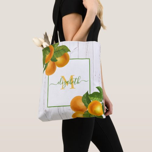 Monogram citrus oranges watercolor rustic wood tote bag