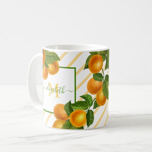 Monogram citrus oranges watercolor stripes rustic coffee mug