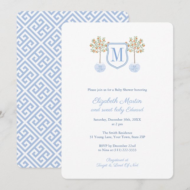Monogram Citrus Tree Little Boy Baby Shower Party Invitation (Front/Back)