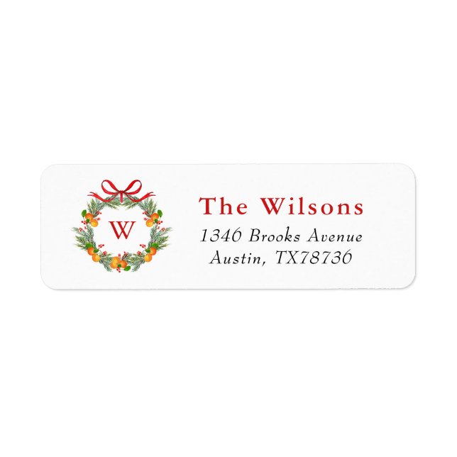 Monogram Citrus Wreath Holiday address Label (Front)