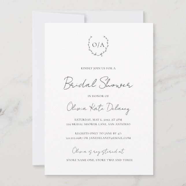 Monogram Classic Black White Elegant Bridal Shower Invitation (Front)