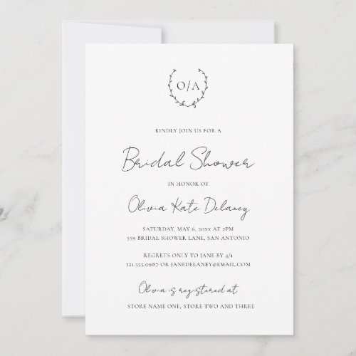 Monogram Classic Black White Elegant Bridal Shower Invitation