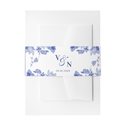 Monogram Classic Blue and White Floral Wedding  Invitation Belly Band
