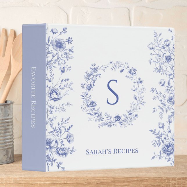 Monogram Classic Blue Flowers Floral Recipe  3 Ring Binder (In situ)