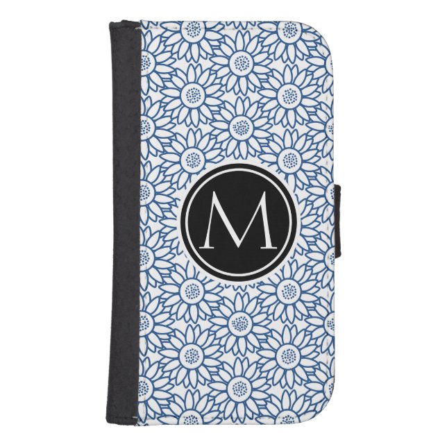 Monogram Classic Blue Sunflower Pattern Samsung Galaxy Wallet Case (Front)