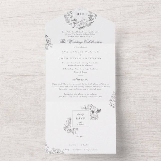 Monogram Classic Botanical Florals Wedding All In One Invitation (Inside)