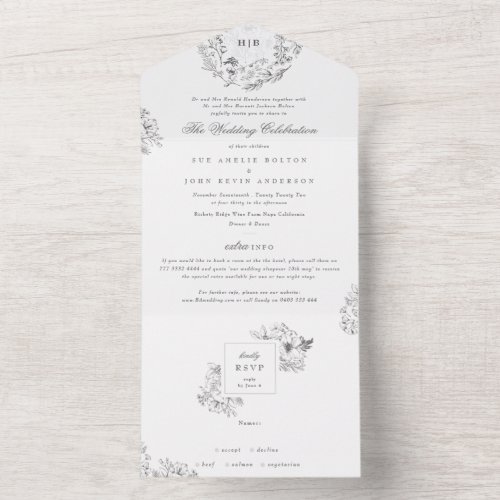 Monogram Classic Botanical Florals Wedding All In One Invitation