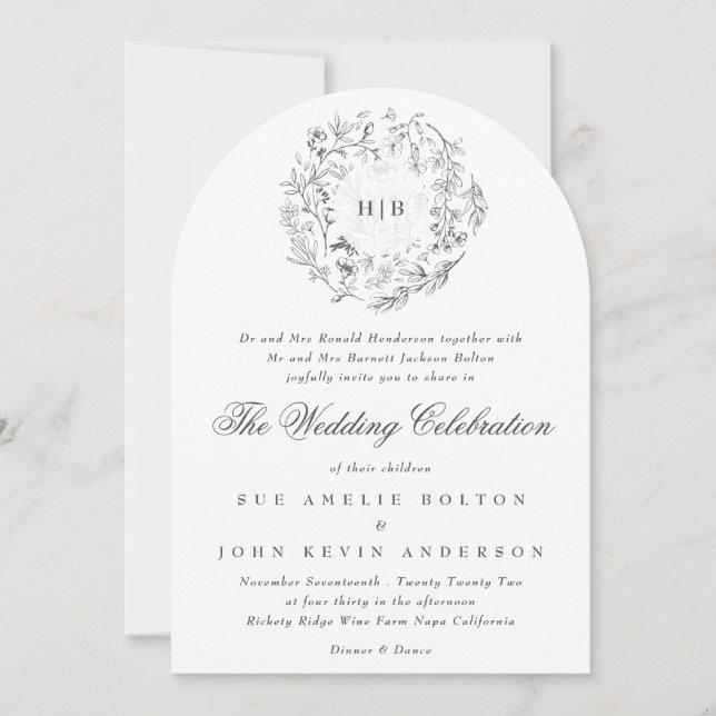 Monogram Classic Botanical Florals Wedding Arch Invitation (Front)