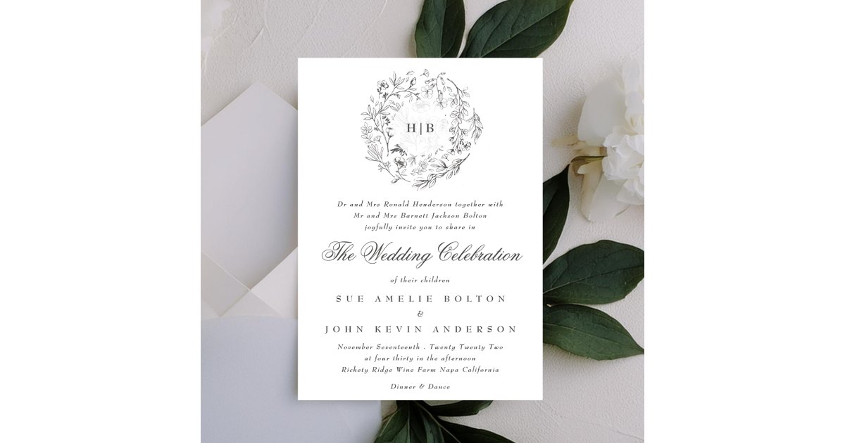 Monogram Classic Botanical Florals Wedding Invitation | Zazzle