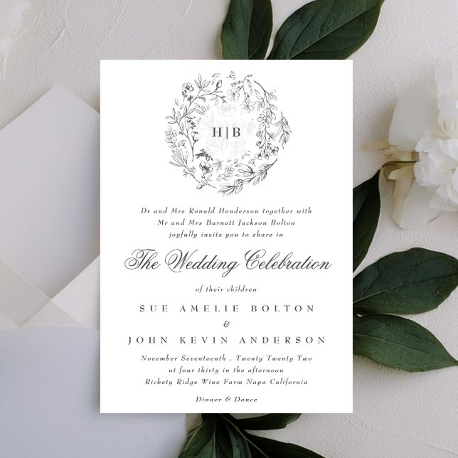 Monogram Classic Botanical Florals Wedding Invitation (Creator Uploaded)