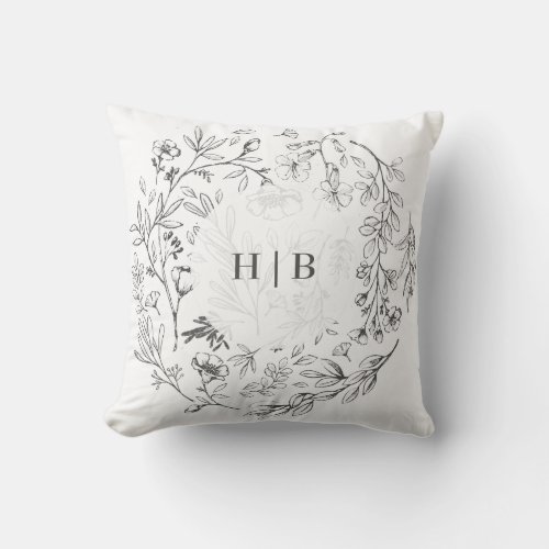 Monogram Classic Botanical Florals Wedding Throw Pillow