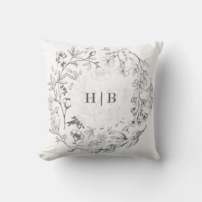 Monogram Classic Botanical Florals Wedding Throw Pillow (Front)