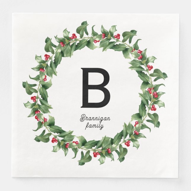 Monogram - Classic Chrismas wreath Paper Dinner Napkins (Front)