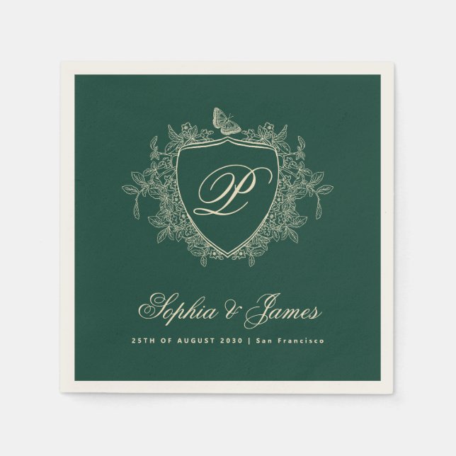 Monogram classic classic emerald green wedding napkins (Front)