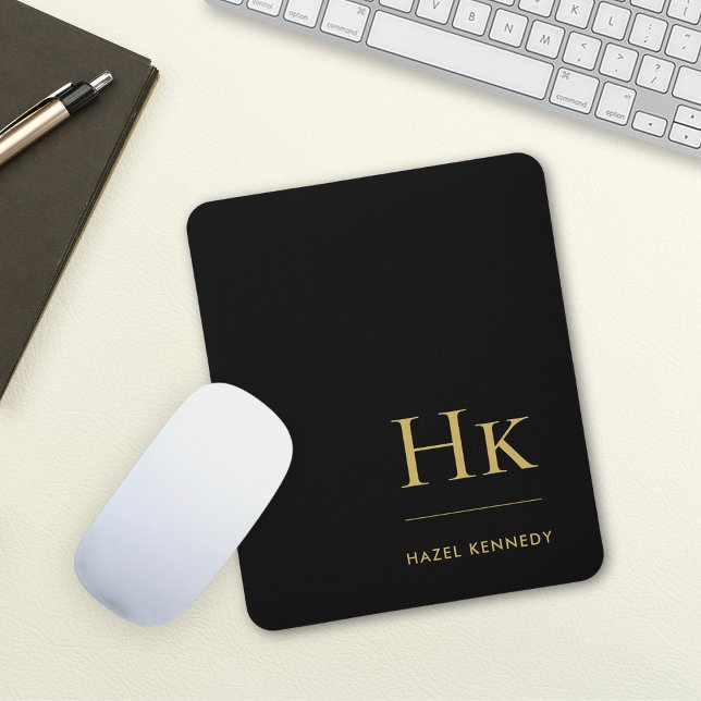 Monogram Classic Elegant Black Gold Initials Mouse Pad (Creator Uploaded)
